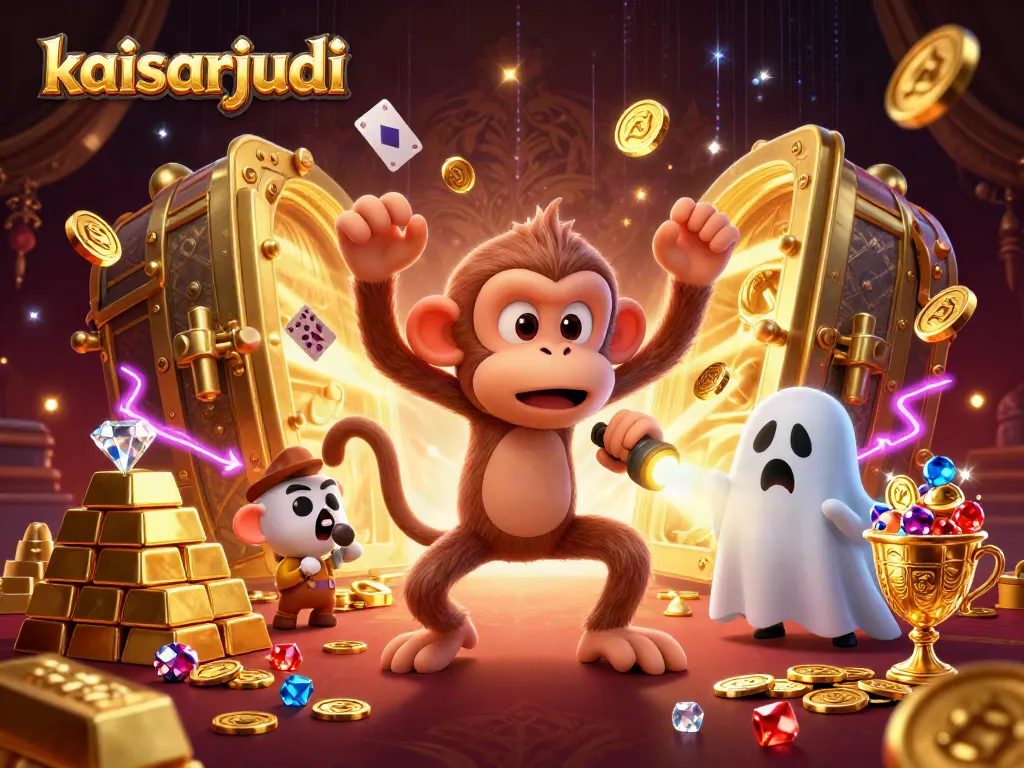 Kaisarjudi's poltergeist monkey juggling coins in a haunted casino scene filled with treasures.