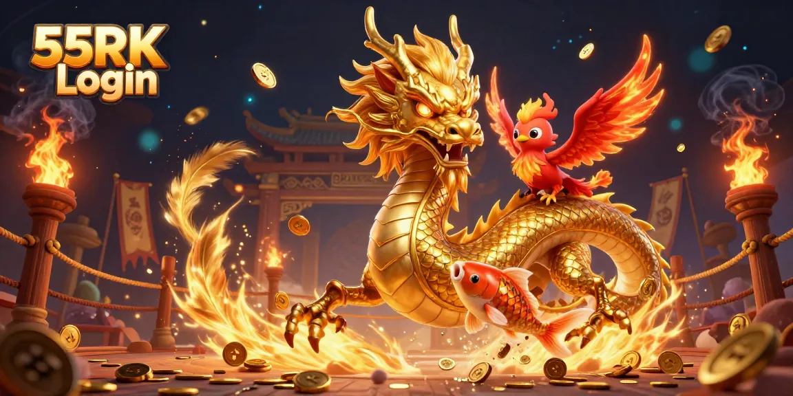 Experience a thrilling 55RK Login adventure amidst vibrant dragon, phoenix, and koi with coins showering.