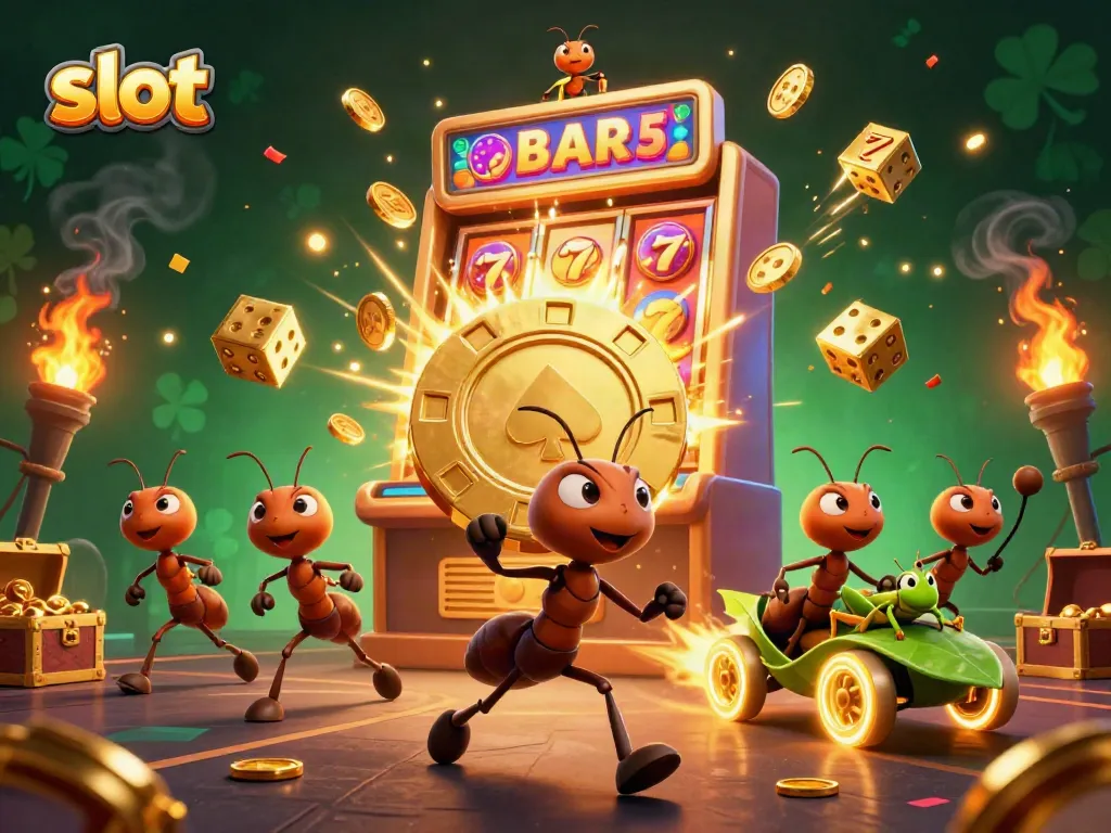 Ants carry a massive golden poker chip in a dynamic slot scene, showcasing exciting casino elements.
