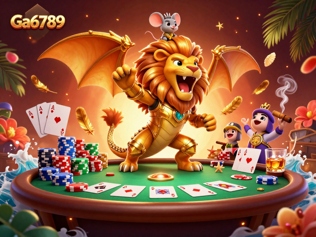 Ga6789 showcases an epic poker battle scene with a chimera creature and vibrant game elements.