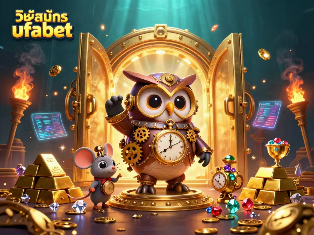 Engage with วิธีสมัคร ufabet at a vibrant casino illustration featuring a time-traveling owl and wealth elements.