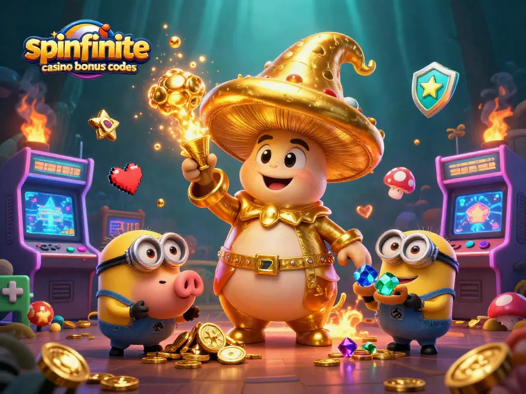 Engage with Spinfinite casino bonus codes battling for treasures amidst colorful casino-themed game scenes.