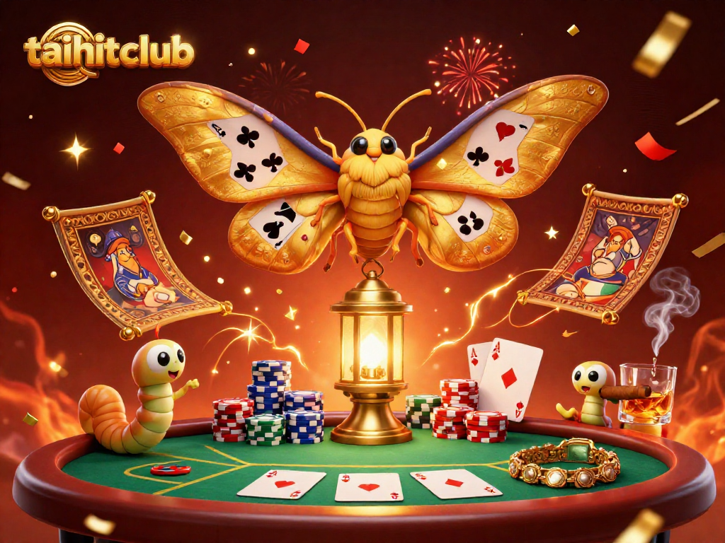 Contemplate the thrill of taihitclub poker with colorful chips and an atlas moth illustration.