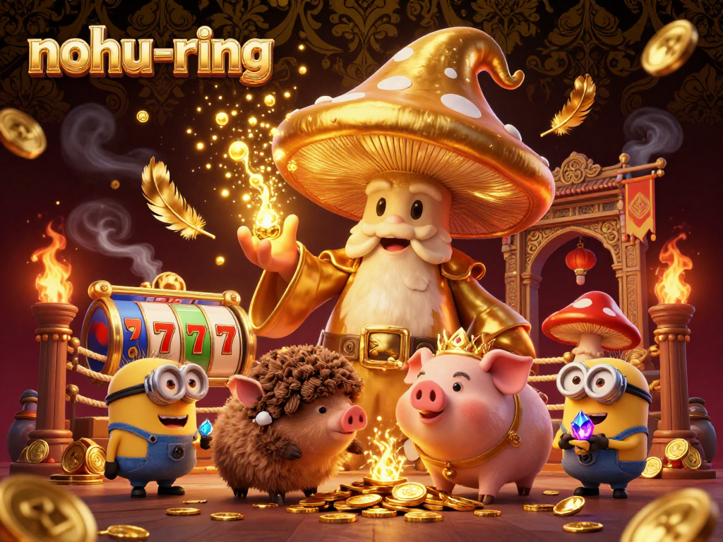 Experience the vibrant nohu-ring adventure with golden characters and rich casino elements in a dynamic 3D scene.