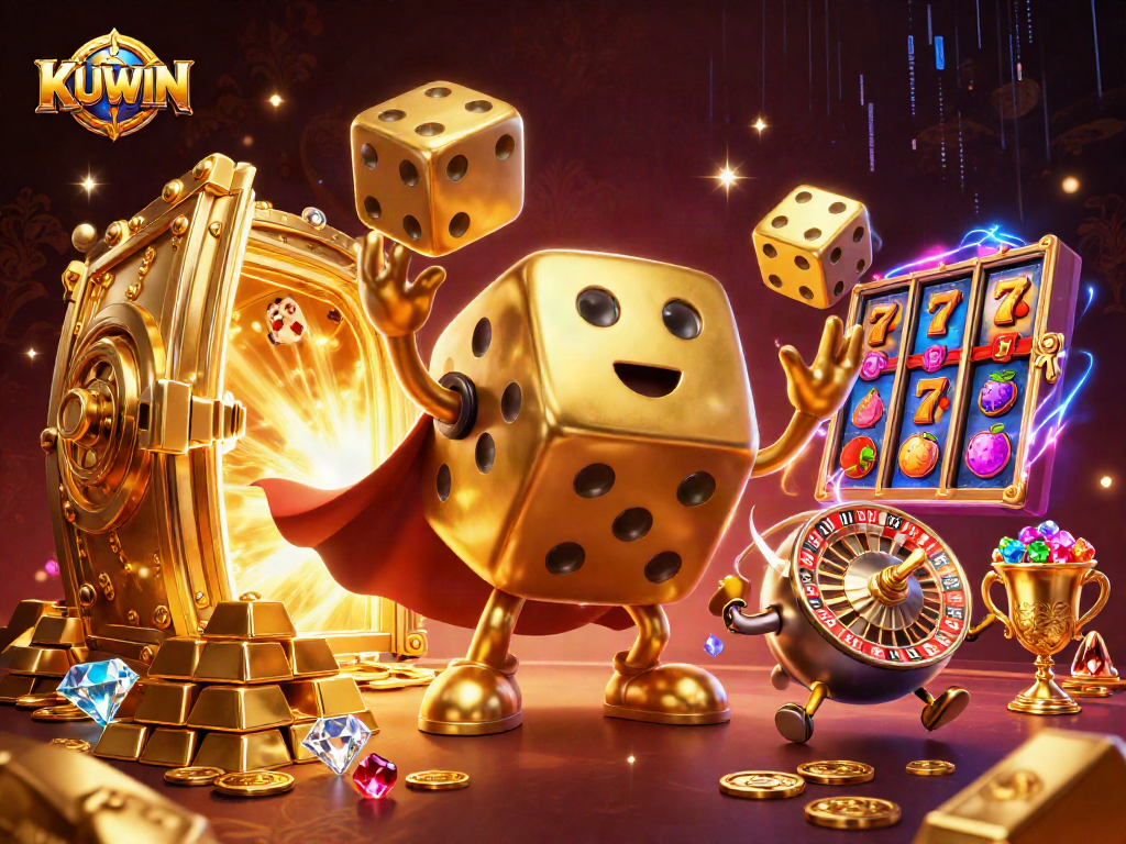 KUWIN unleashing excitement at the online casino with golden dice golems and vibrant gaming elements.
