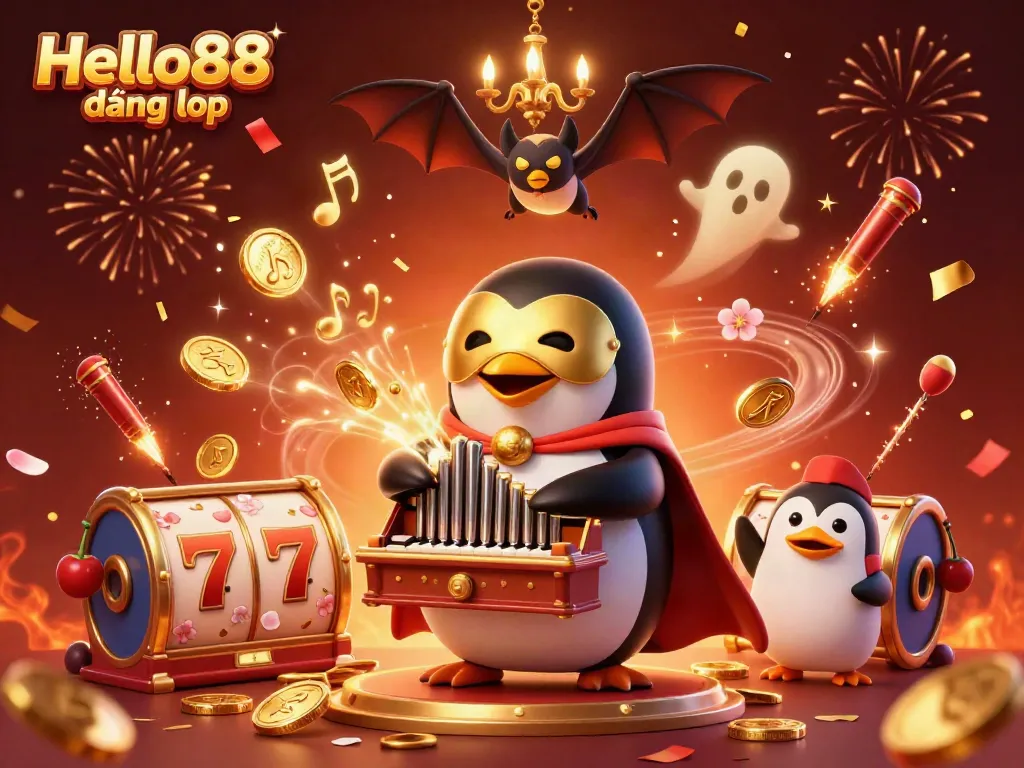 Engaging Hello88 đăng nhập scene with a penguin playing a pipe organ, surrounded by festive casino elements and fireworks.