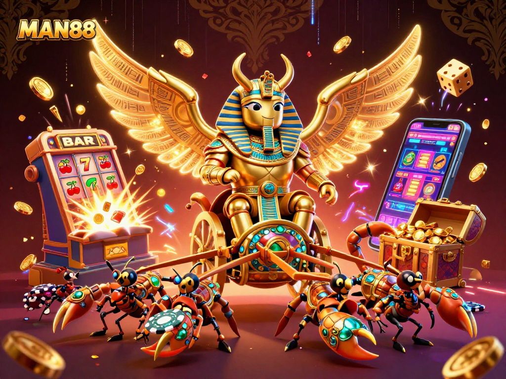 Engage in thrilling gameplay at MAN88 with stunning visuals of a golden beetle amidst a jackpot explosion.