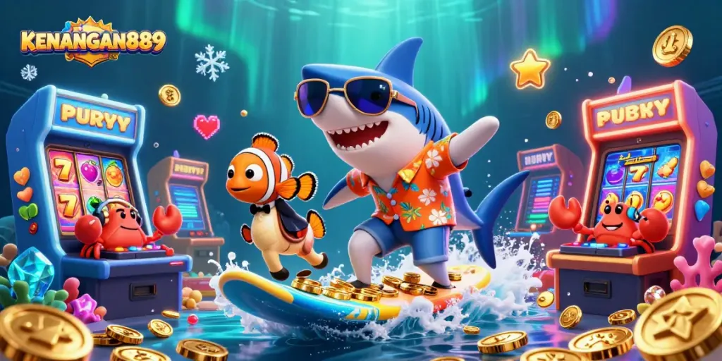 KENANGAN889 showcases a vibrant gambling scene with a shark surfing coins and festive slot elements.
