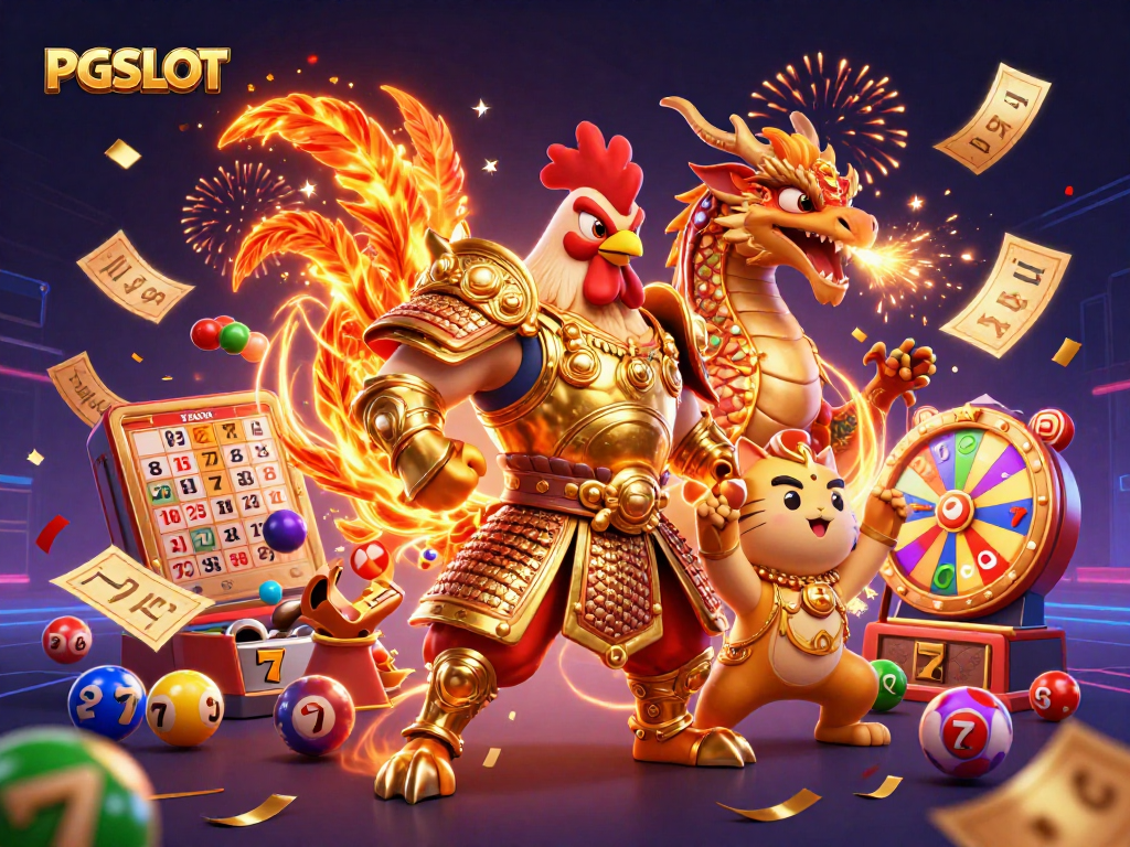 Experience thrilling PGSLOT action as a rooster warrior and dragon hatchling celebrate with vibrant slot reels.