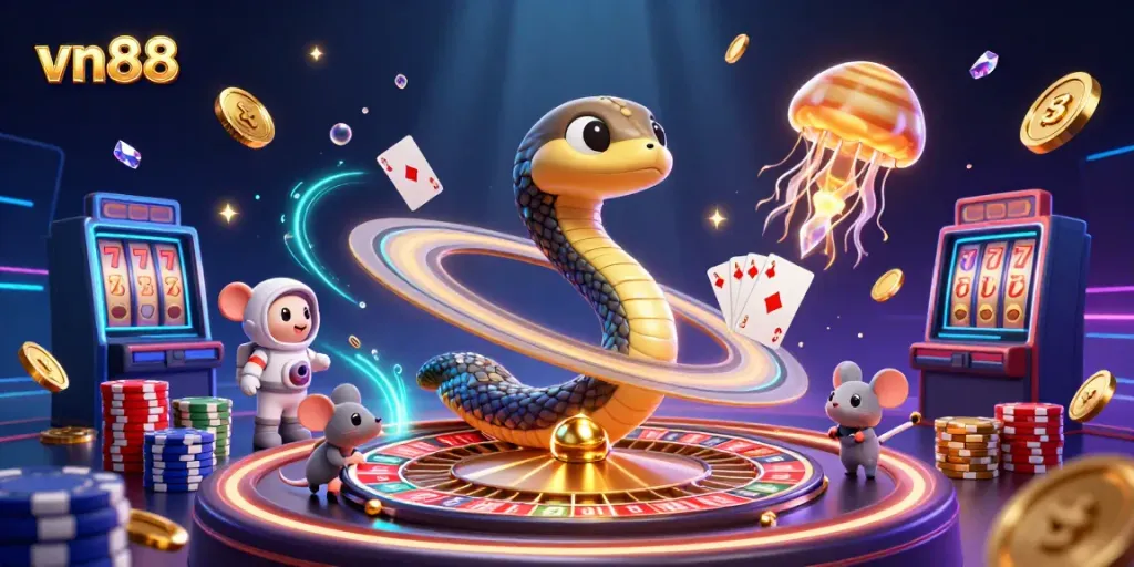 Engage with vn88 in a dynamic cosmic casino scene featuring a roulette wheel and playful elements.