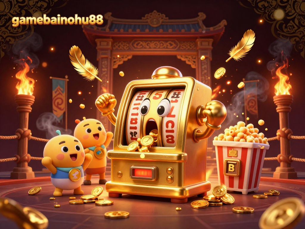 Win big with gamebainohu88 as the animated golden slot machine celebrates its jackpot amid a vibrant casino scene.