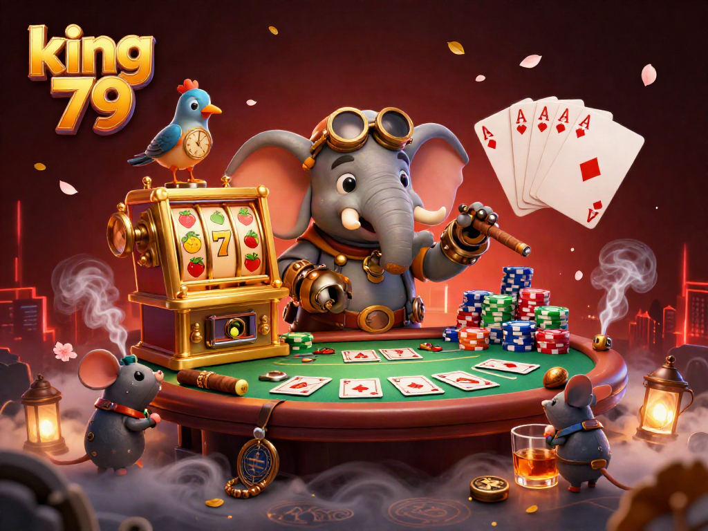 Engage with king 79's thrilling casino scene featuring a steampunk elephant and colorful poker elements.