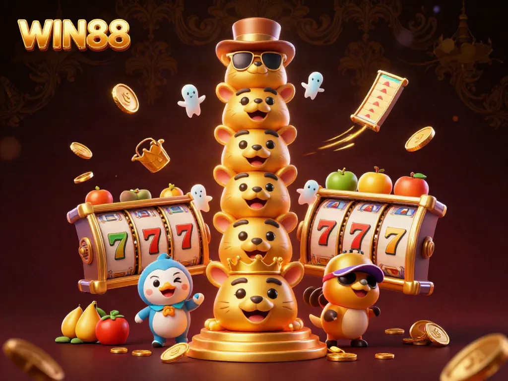 Experience the excitement of WIN88 with animated totem and casino elements in a vibrant illustration.