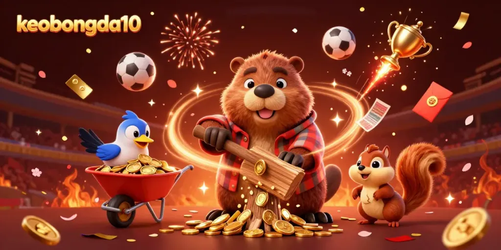 Engage in thrilling sports betting with keobongda10 as the beaver and friends celebrate wealth amid golden coin showers.
