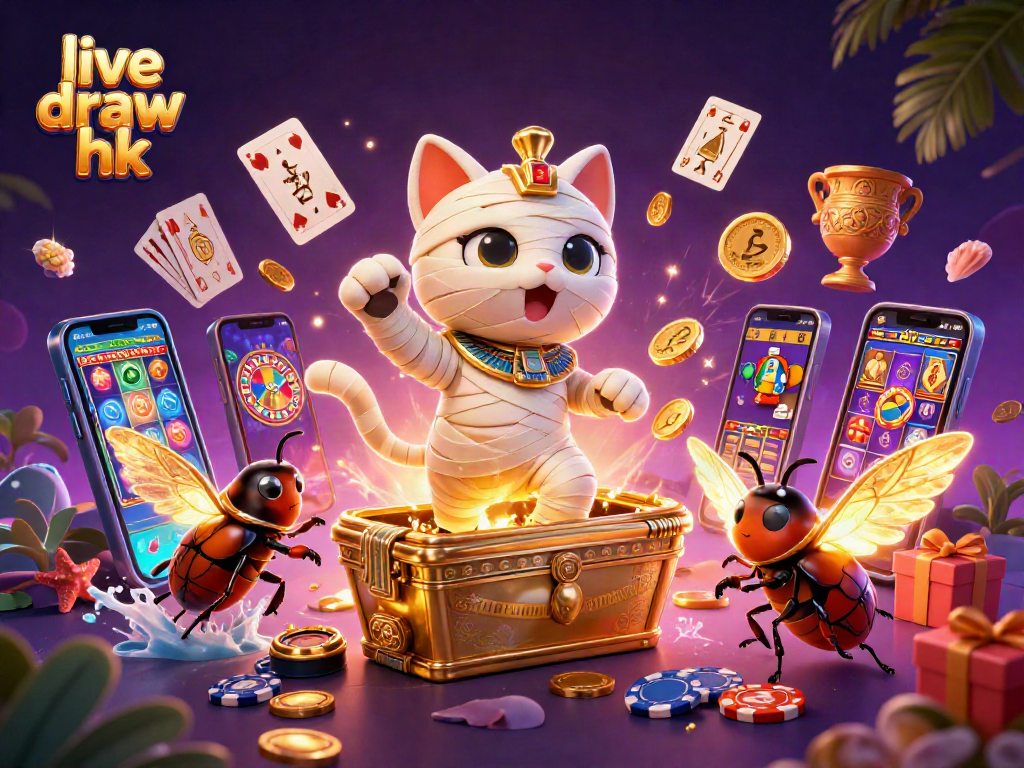 Engage in live draw hk excitement with a vibrant and dynamic casino scene featuring an Egyptian mummy cat.