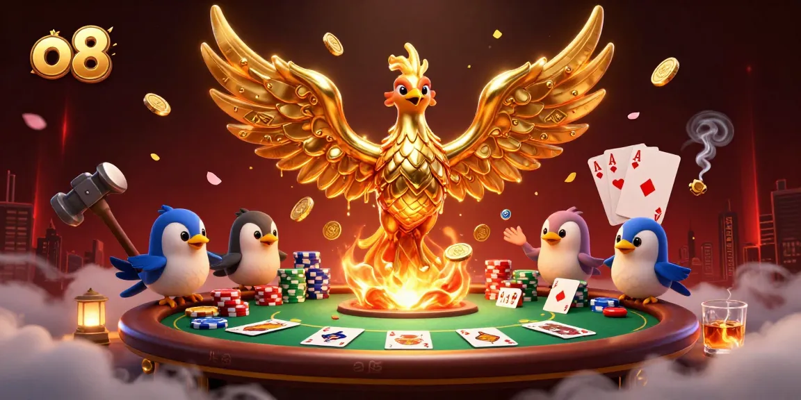 Experience thrilling gaming at o8 with a molten phoenix and poker dynamics in a vibrant 3D scene.
