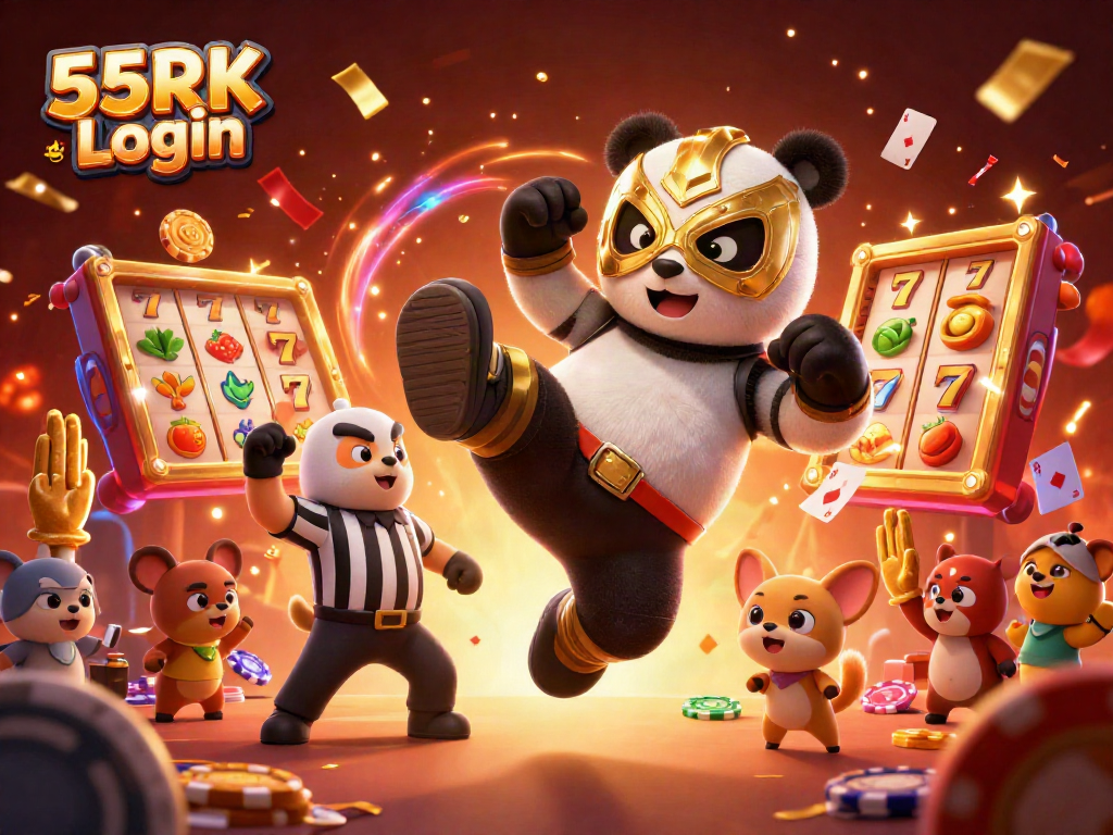 Experience excitement in 55RK Login with a lively scene featuring a wrestling panda and slot reels.
