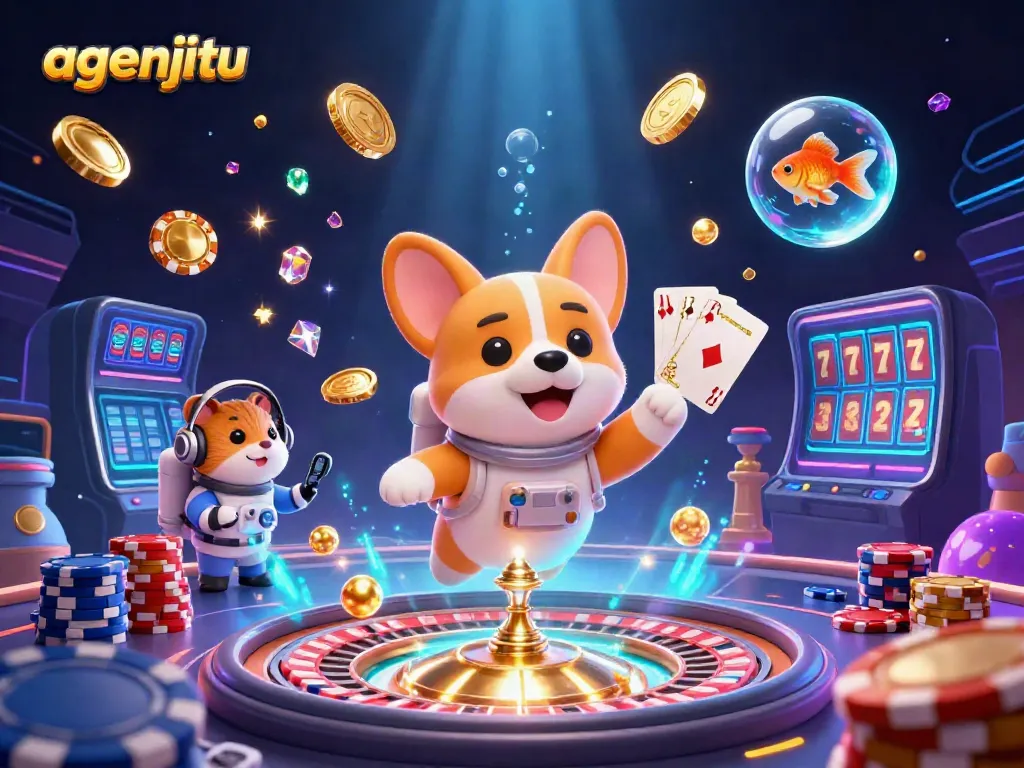 Gambarkan agenjitu dengan astronaut corgi di kasino stasiun luar angkasa, dikelilingi koin dan poker chip.