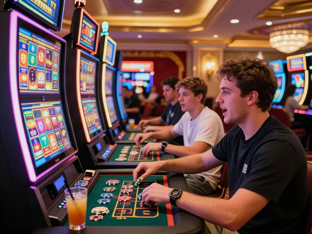 Exciting Lucky777 casino scene with a player at a slot machine surrounded by vibrant decor.