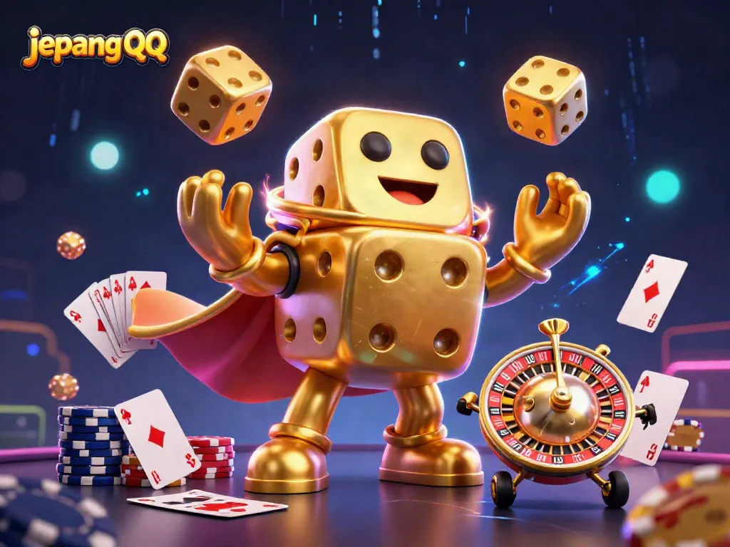Jepang qq menampilkan karakter kartu berbinar dan chip kasino dalam suasana permainan yang seru.