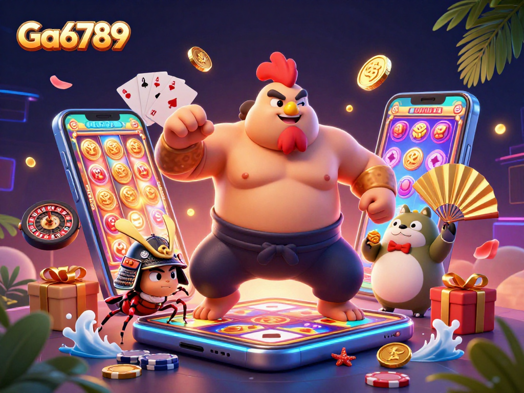 Ga6789 entertains with thrilling slot game and vibrant casino characters in a dynamic 3D scene.