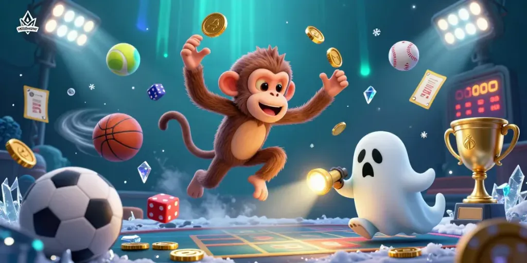 Mildcasino showcases a ghost-hunter puppy tracking a juggling poltergeist monkey in a lively haunted casino scene.