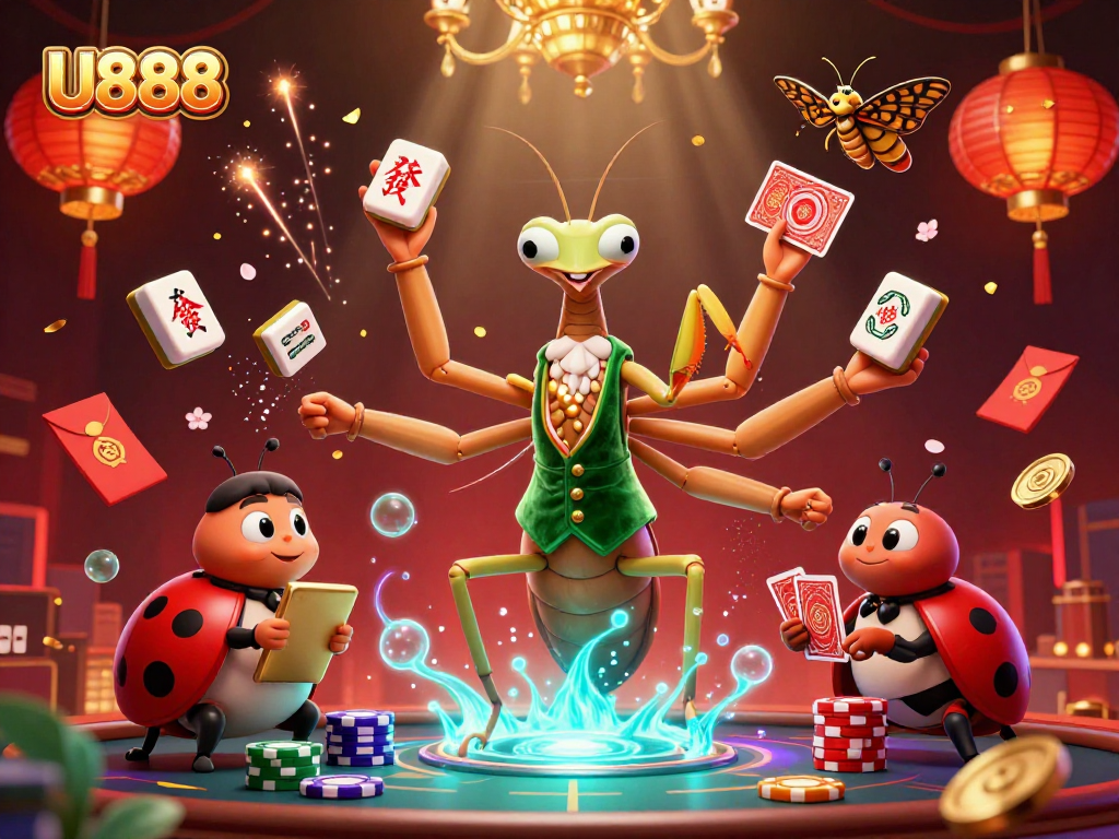 Experience thrilling wins with U888 at this vibrant online casino scene, featuring animated characters and festive elements.