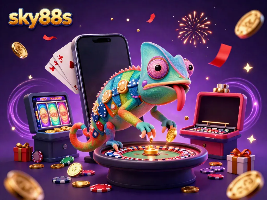 Sky88s chameleon casino owner enjoying vibrant gaming elements in a lively 3D illustration.
