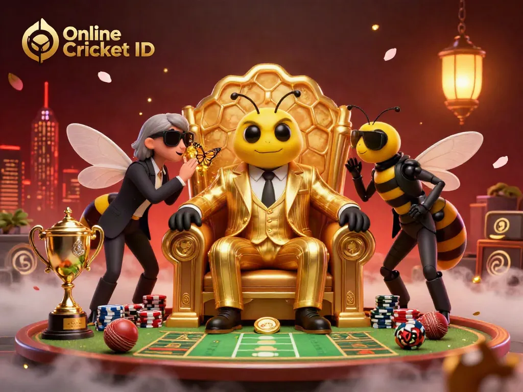 Engage with your Online Cricket ID amidst a vibrant sports betting scene featuring cricket balls and colorful betting slips.