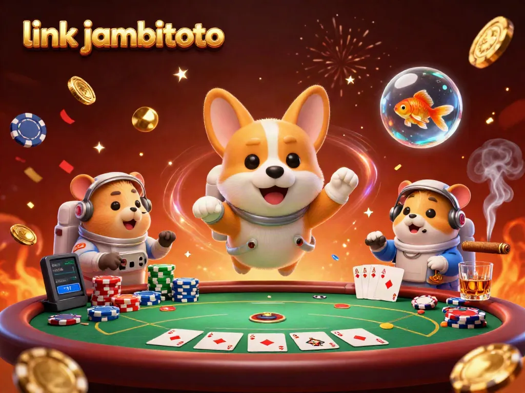 Experience link jambitoto with a vibrant space casino scene, a floating corgi astronaut, poker elements, and cosmic charm.