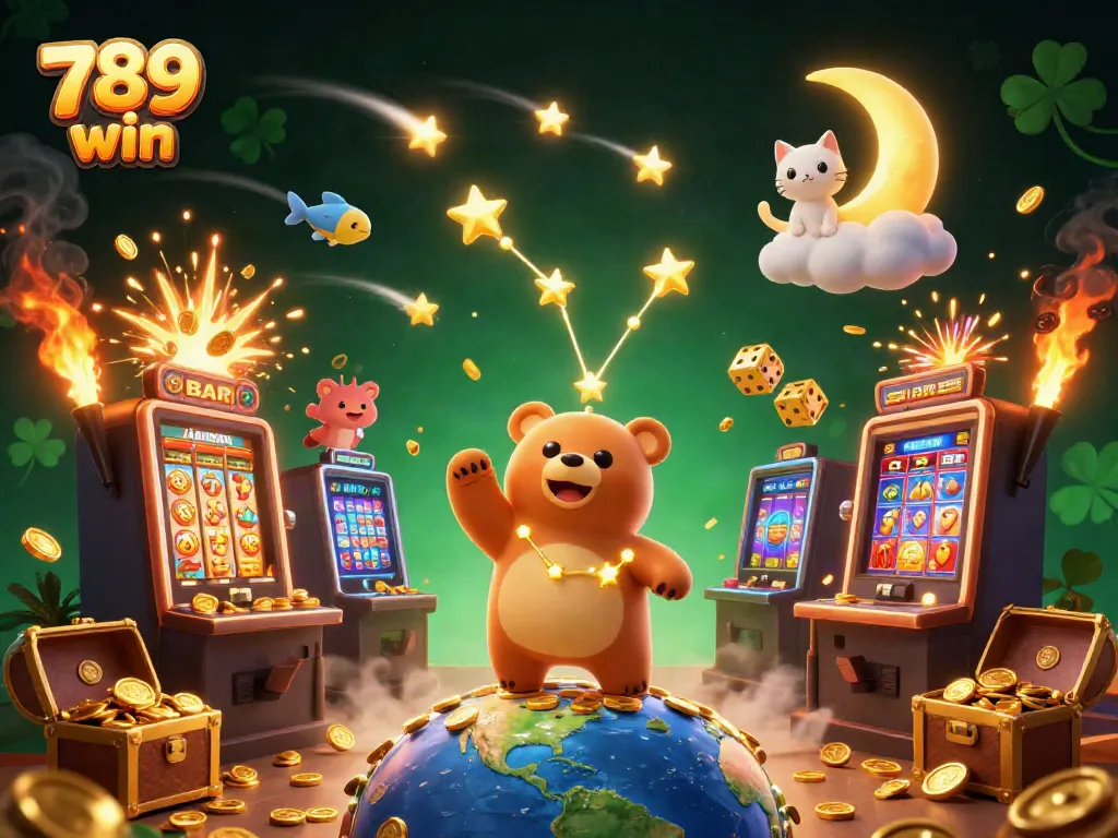 Win big with 789 win as a golden constellation bear scoops coins amidst exciting casino elements.