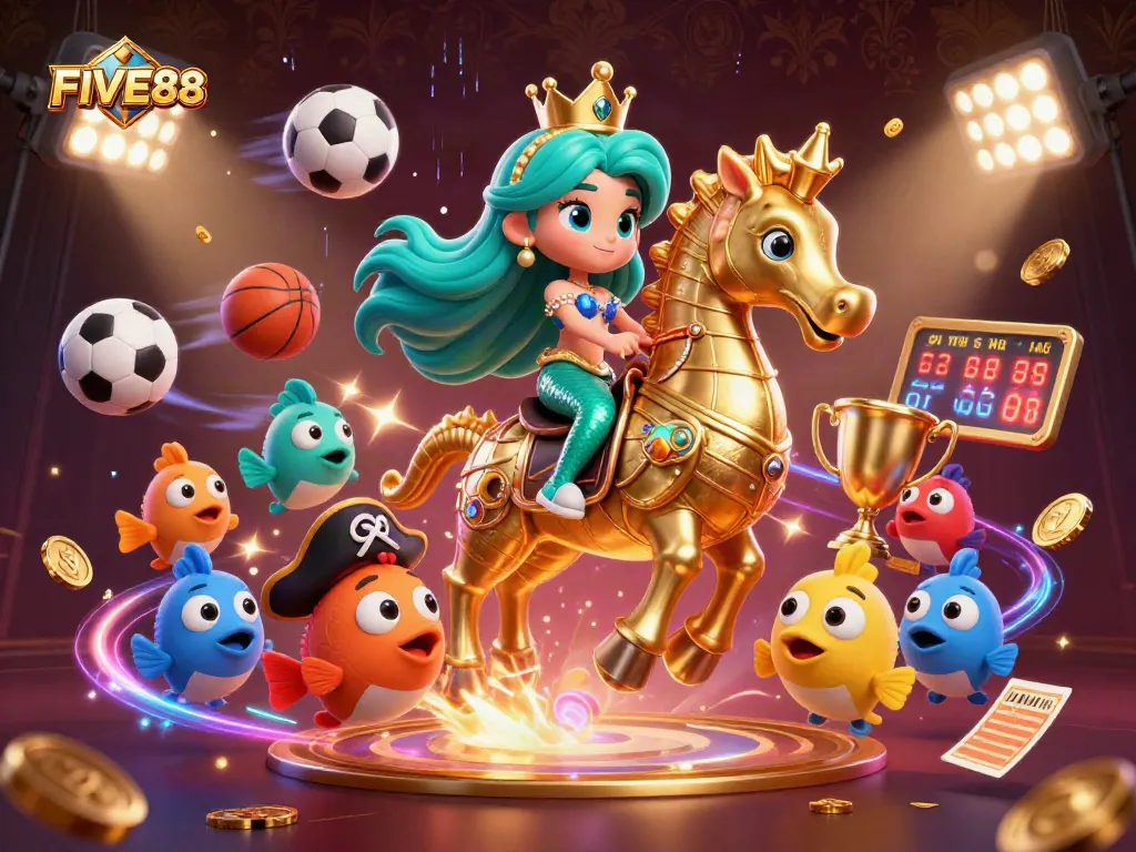 FIVE88 captures the excitement of online gambling with vibrant characters and dynamic sports elements.