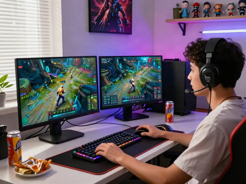 Player enjoying an immersive gaming experience with batman138login interface visible on the monitors in a vibrant gaming setup.