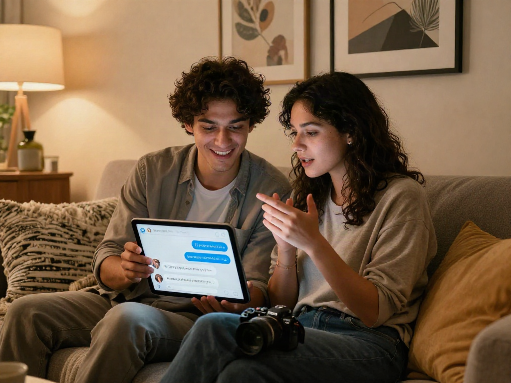 Young couple enjoying a sex AI chat on a tablet in a cozy living space.