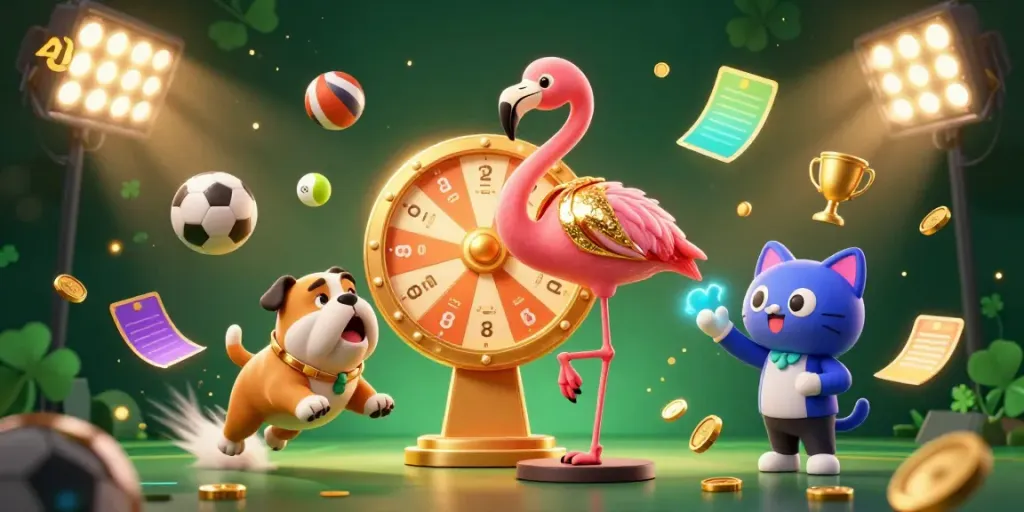ALO8 engages players with an exciting golden prize wheel spin, vibrant sports elements, and dynamic atmosphere.