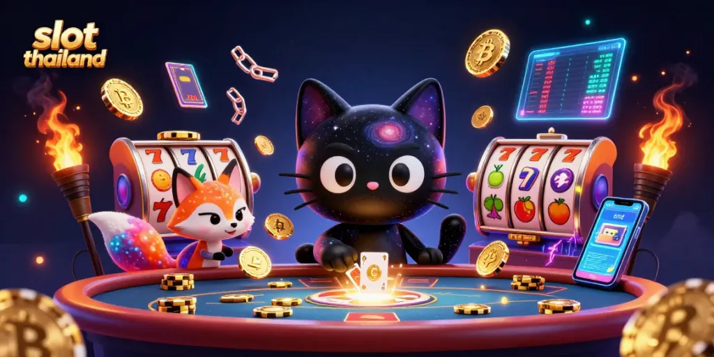 Engage with slot thailand in an energetic cosmic scene featuring slot reels and glowing coins.