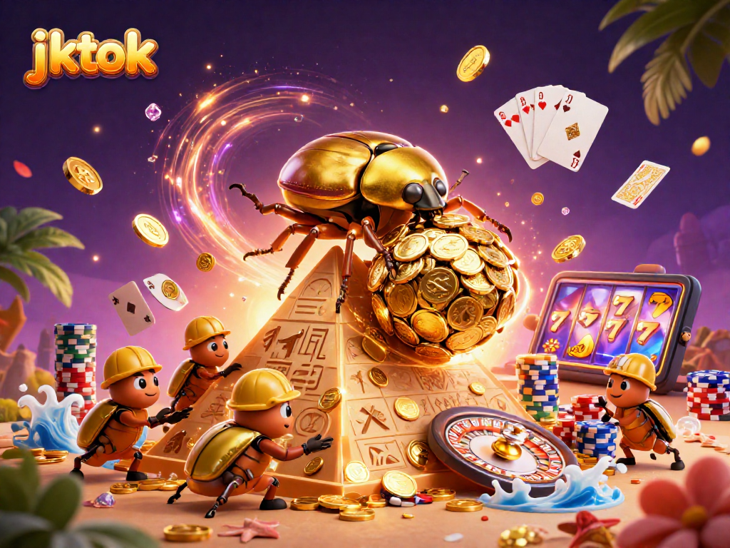 Menggulung koin emas, jktok mempromosikan pengalaman bermain slot online dengan simbol kasino yang ikonik.