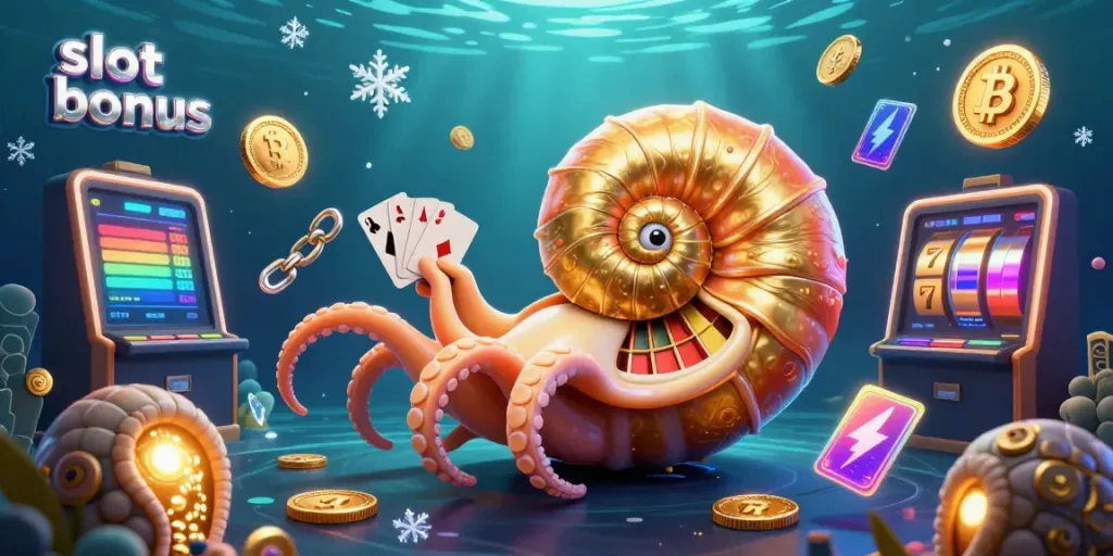 Engage in exciting slot bonus gameplay featuring a nautilus roulette wheel, glowing crypto coins, and vibrant gaming elements.