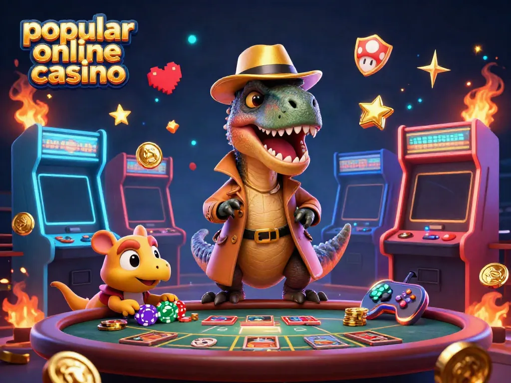 Experience thrills at a popular online casino with a velociraptor card counter and vibrant gaming elements.