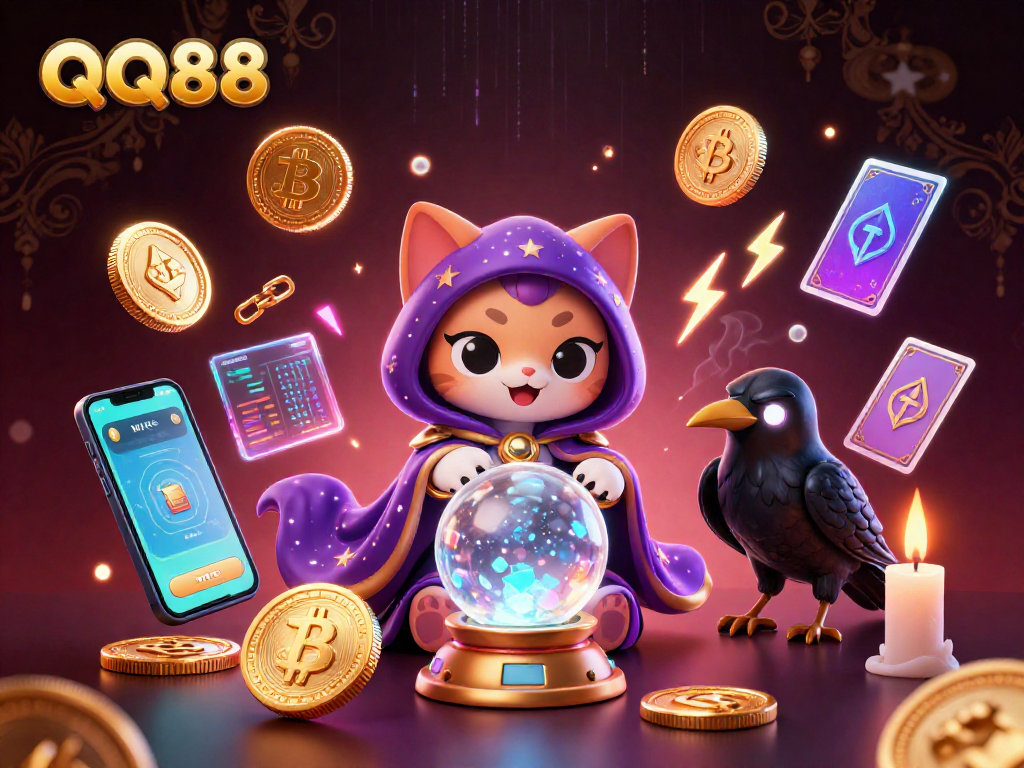 Engage with QQ88's vibrant gaming scene featuring fortune teller mystic cat and crypto elements.