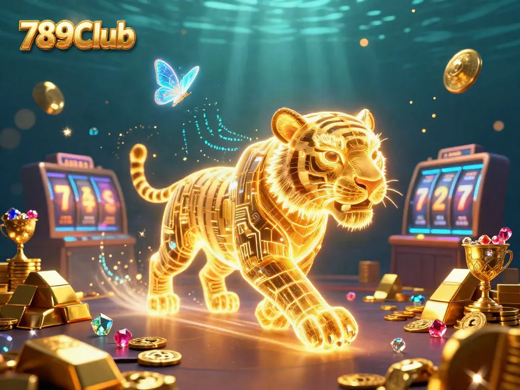 Experience thrilling gameplay at 789Club, where a golden tiger roams amidst vibrant slot games and treasures.