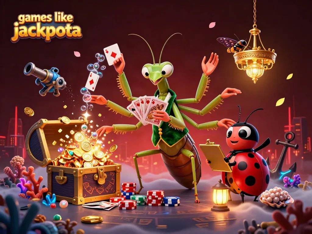 Play fun games like jackpota with a cartoon praying mantis dealing cards amidst colorful casino elements.