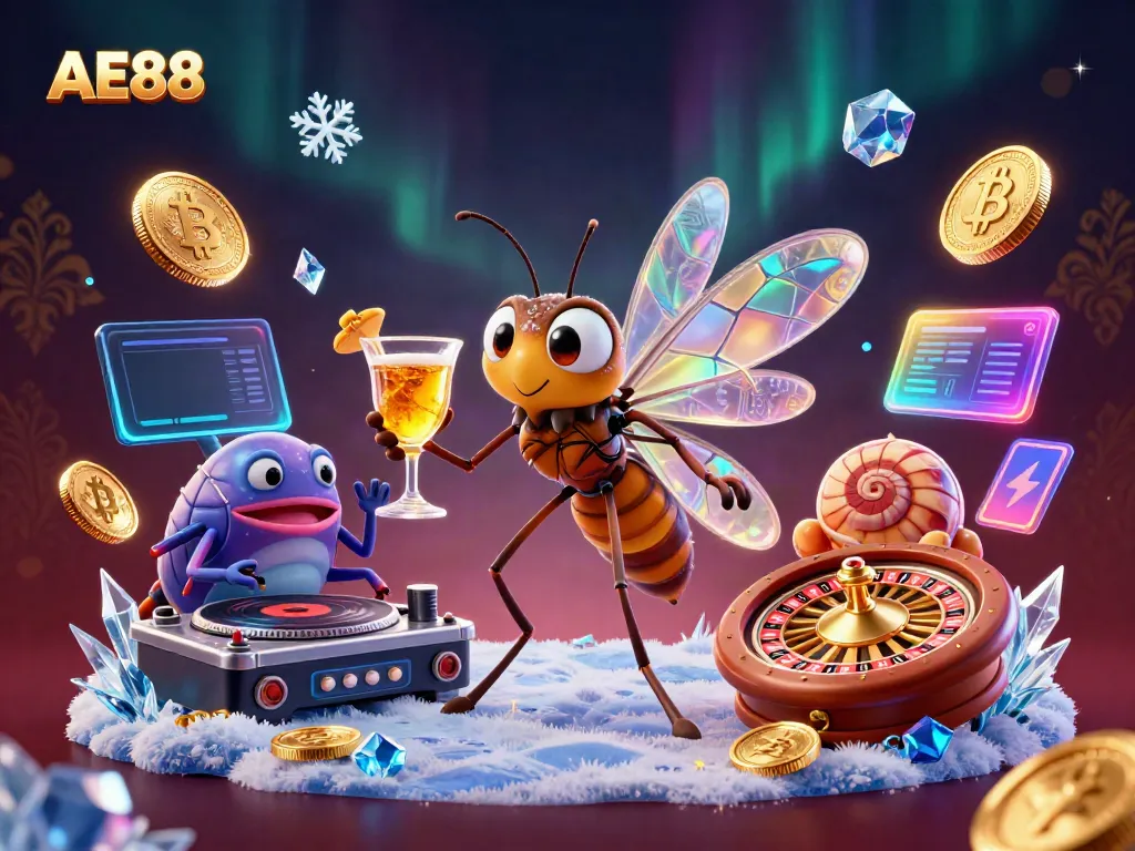 Engage with AE88 as a vibrant casino mascot and characters bring luck in an exciting scene.