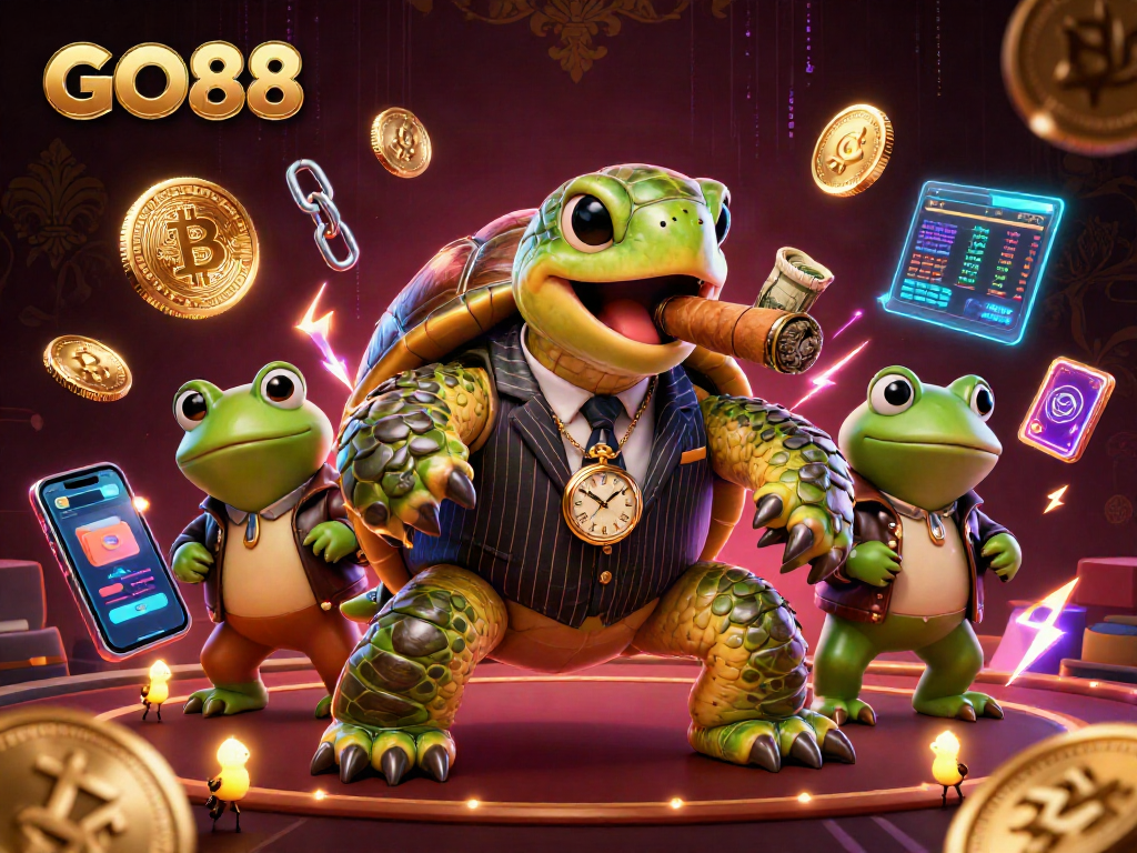Engage with GO88's exciting casino atmosphere featuring a cartoon turtle mobster and lively elements.