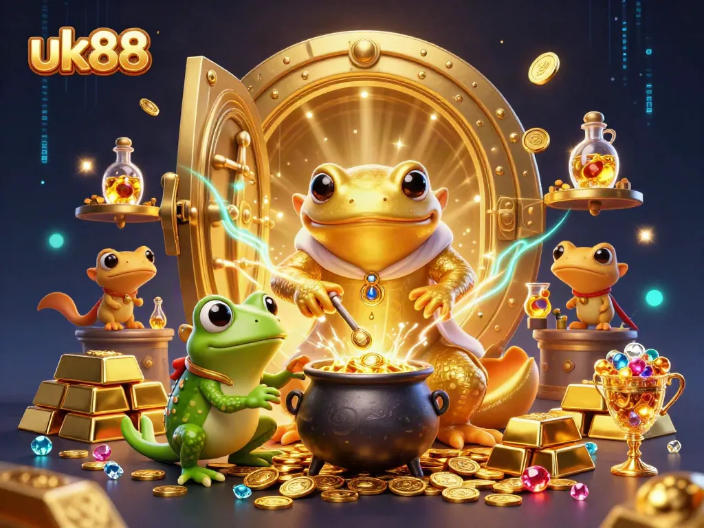 Experience thrilling gameplay at uk88 with a vibrant 3D illustration depicting gold alchemy and casino excitement.