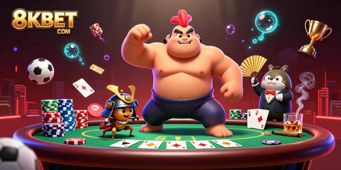 Engage with 8KBET COM sports betting in this thrilling 3D illustration filled with casino excitement.