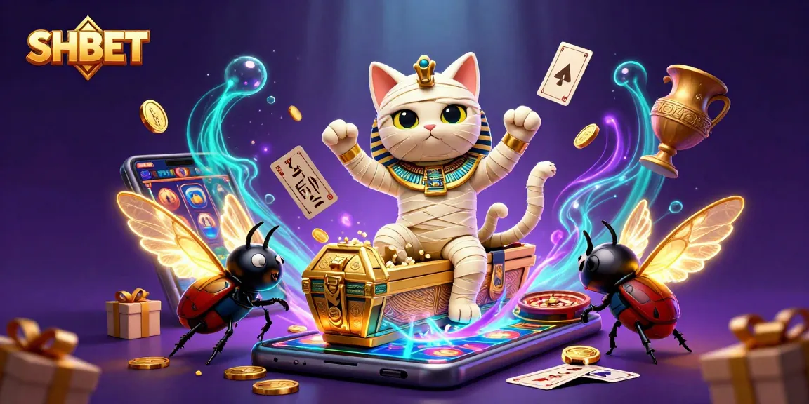 Win big with SHBET in a vibrant casino scene featuring a mummy cat and glowing scarab.