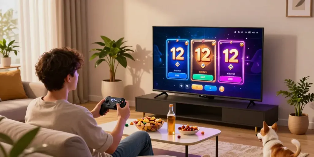 Enjoying luxury12 online slots in a cozy living room setting with snacks and drinks.