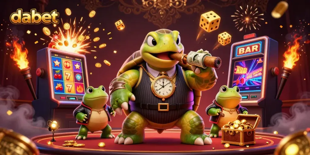 Dabet's vibrant casino scene with a turtle mobster, bullfrogs, and slot machine action.