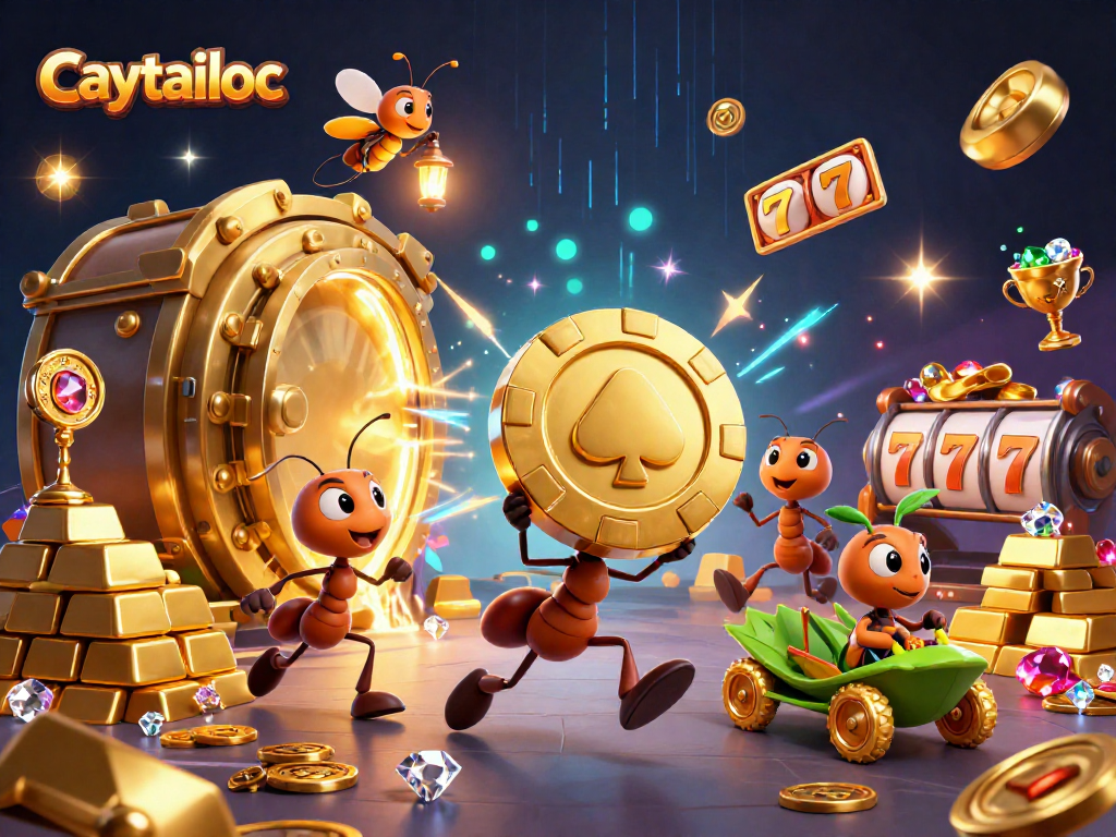 Join the adventure with caytailoc as ants carry a colossal poker chip through a treasure cave amidst glowing riches.